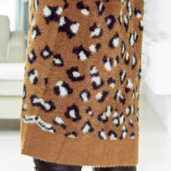 Fuzzy Leopard Knit Cardigan Long Sleeve Mobwife Soft Longline Open Front Sweater - Picture 12 of 14